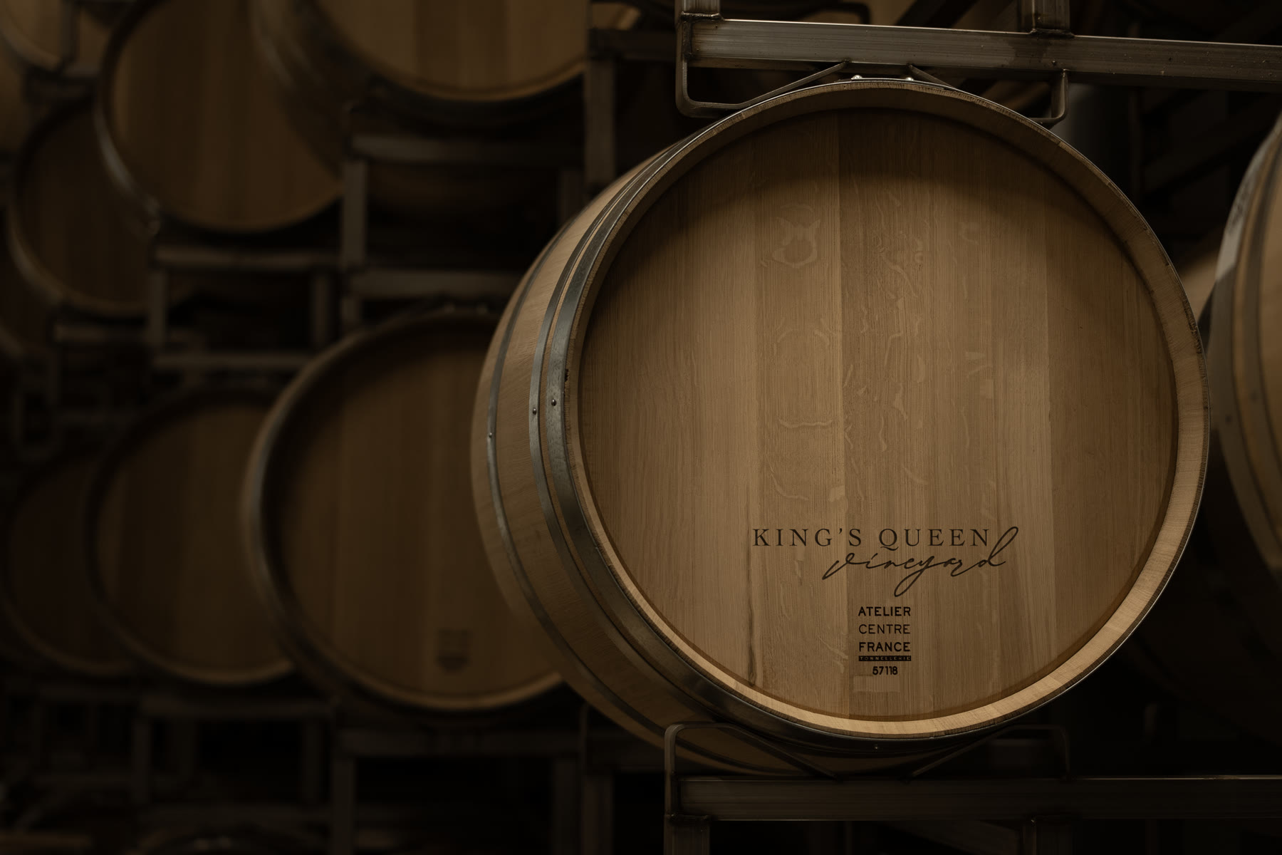 King's Queen Vineyard branding burned into a French oak barrel head