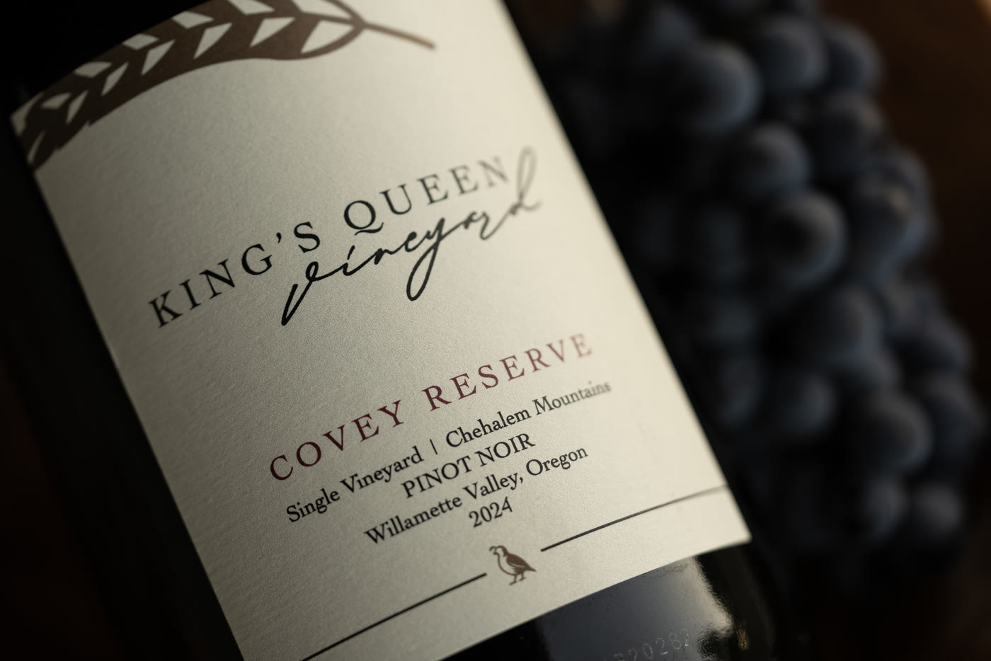 Close-up of the Covey Reserve label with grapes
